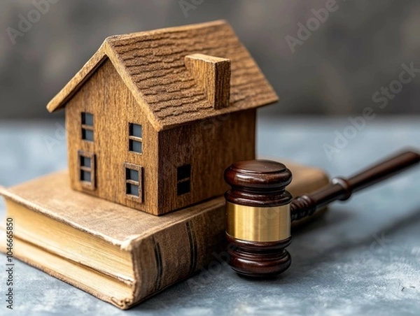 Obraz A wooden house model next to a gavel and law books representing property law and legal matters in a professional setting