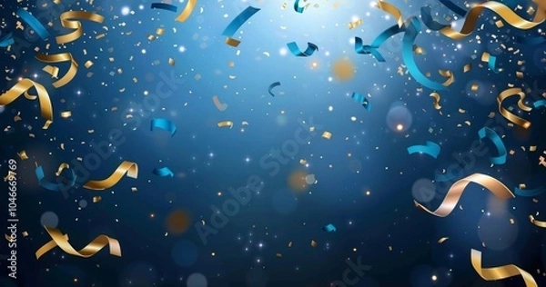 Obraz Falling confetti on blue background, abstract background with dark blue and gold particle. Golden light shine particles Bokeh on navy blue background, celebration concept
