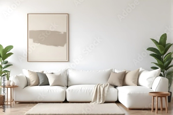 Fototapeta Frame mockup, ISO A paper size. Bedroom poster mockup. Modern interior design. Living room Interior mockup with house background. 3D render