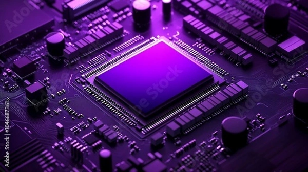 Obraz Aerial view of an intricate purple-toned computer chip circuit board with highlighted pathways and microcomponents.