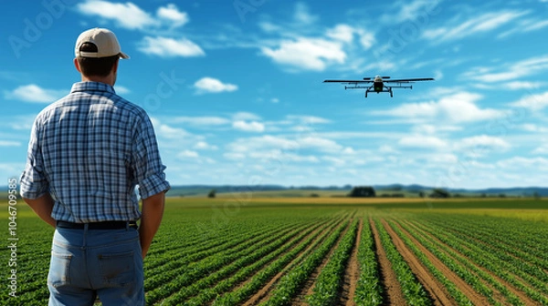 Fototapeta A modern farmer using GPS technology to plant crops with precision on a large open field.