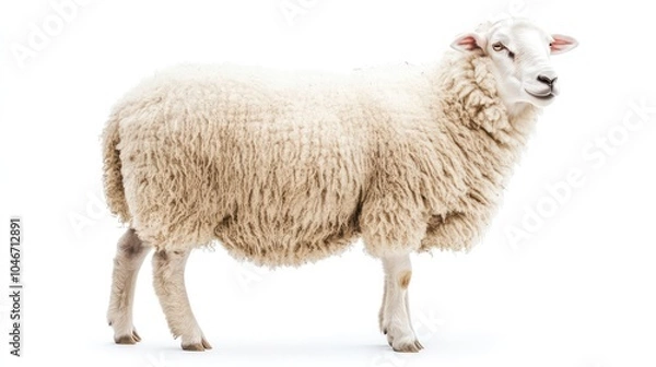 Obraz A white sheep with a fluffy coat standing on a white background.