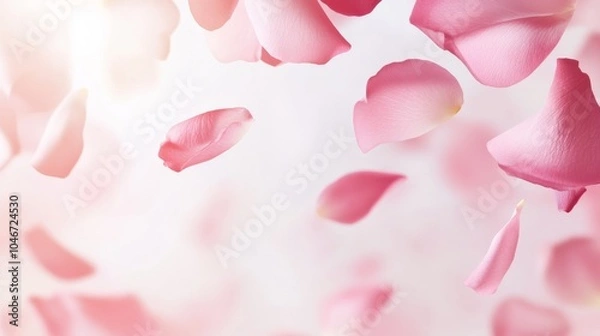 Fototapeta Photo of, Pink background with soft gradient and floating rose petals for design, banner template