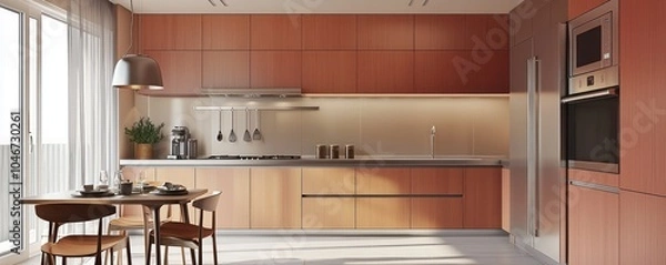 Fototapeta Kitchen design with light redwood cabinets and a small dining area.