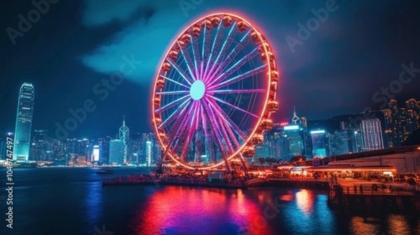 Fototapeta Illuminated Ferris Wheel in Hong Kong