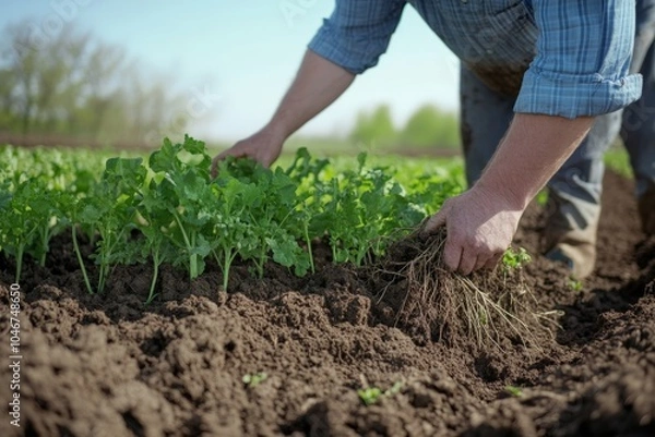 Obraz A farmer using a no-till technique on a regenerative farm, with healthy soil full of organic matter and roots.