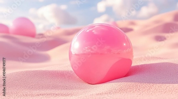 Fototapeta A pink glass sphere sits on a pink sandy surface with a blurred background of blue sky with clouds.
