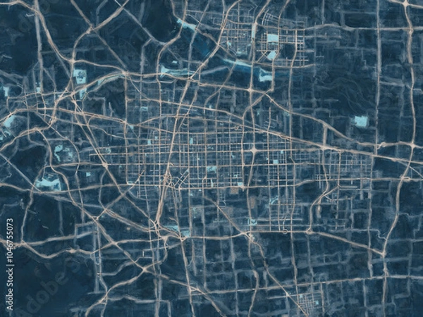Fototapeta Painterly Style City Map of Shijiazhuang, People's Republic of China in a Blue Color Scheme.