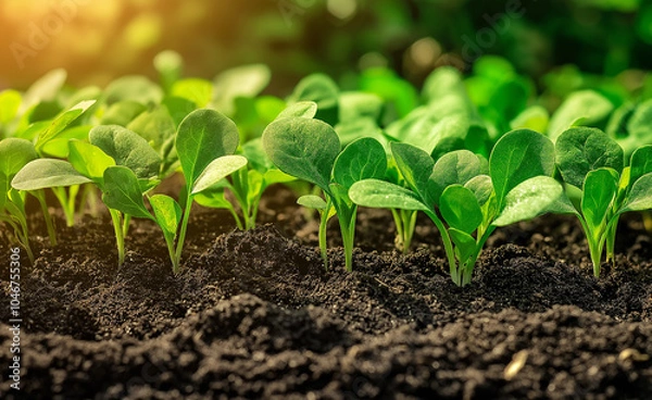 Fototapeta Small green plants sprouting from soil, representing growth, nature, and new beginnings.
