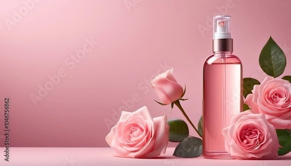 Fototapeta ソフトピンクの背景に、ローズウォーターのスプレーボトルが配置されており、リラックス効果を感じさせるデザインです。華やかさと穏やかさを兼ね備えた心地よいビジュアルです。