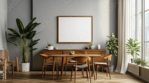 Fototapeta Cozy dining room with a blank canvas on the sideboard