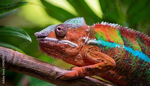 Fototapeta a colorful chameleon resting on a branch amidst lush tropical foliage