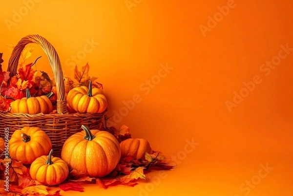 Fototapeta A rustic basket filled with pumpkins and decorative gourds on a bright orange background, celebrating autumn's harvest season
