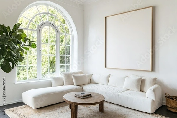 Fototapeta A vintage grunge accent coffee table beside a white sofa, positioned near an arched window and a white wall featuring a large art poster frame. This showcases a minimalist,