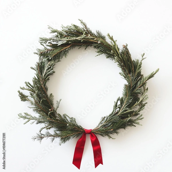 Fototapeta A simple Christmas wreath with soft green pine branches and a single red ribbon, isolated on a pure white background with no shadows, for a calm, elegant holiday look