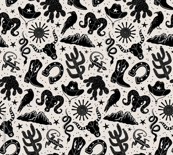 Fototapeta wild west cowboy cowgirl western stuff seamless pattern in black and white on tan background, vector illustration block print style repeat design print