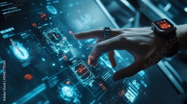 Fototapeta A person interacts with a futuristic holographic interface while wearing a smartwatch, indicative of advanced technology in a high-tech environment for data management or surveillance.
