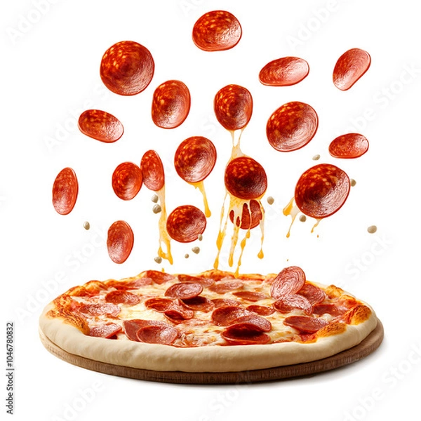 Fototapeta pizza pepperoni on white background with falling sausages and melting cheese