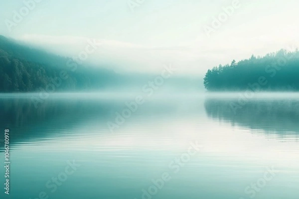 Obraz The calm lake, enveloped in soft morning mist, mirrors the surrounding landscape, creating a serene and tranquil atmosphere. Generative AI