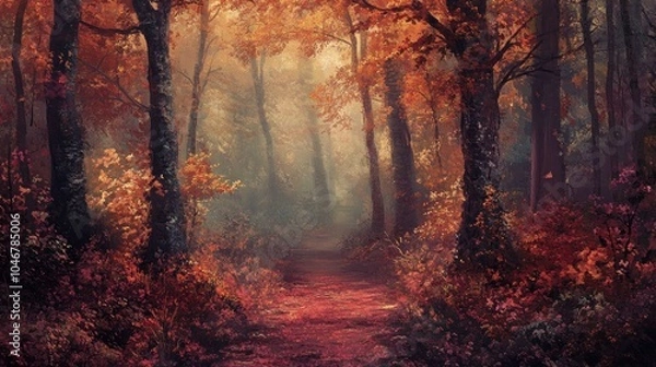Obraz A serene forest path surrounded by vibrant autumn foliage and soft light.