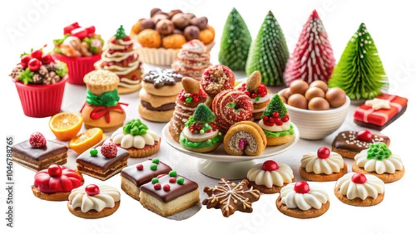 Fototapeta Christmas of decorated holiday sweets and treats, featuring cookies, cakes, and charming decorations in vibrant colors.