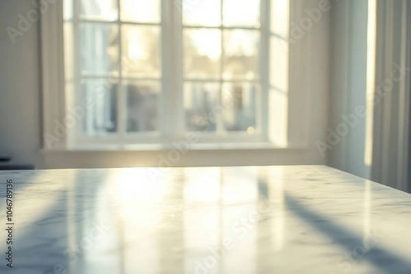 Fototapeta A white marble countertop with a window in the background, with sunlight streaming through.