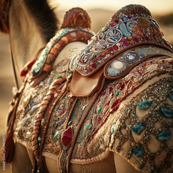 Fototapeta Ornate Decorated Saddle and Reins Close Up of Camels