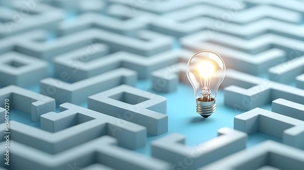 Fototapeta Close up view of a maze like pattern with a bright light bulb at the exit against a blue and white background symbolizing breakthroughs problem solving and the of new ideas and creative solutions