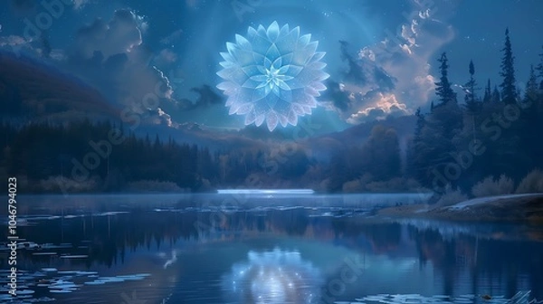 Fototapeta The image is a beautiful landscape of a lake and mountains at night. The water is calm and still, and the sky is full of stars.