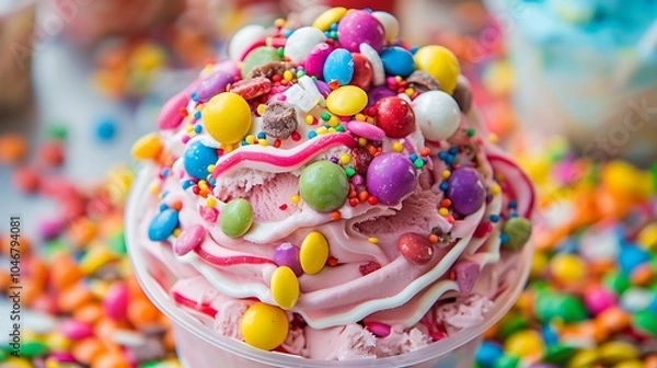 Fototapeta Close-up of a cup of strawberry ice cream with rainbow sprinkles and colorful candies.