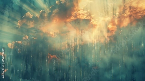 Fototapeta A beautiful landscape image of a forest with a stormy sky. The dark clouds are lit up by the bright sunlight, creating a dramatic scene.