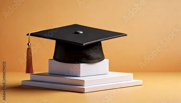 Fototapeta A black graduation cap rests atop a white podium against an orange background, symbolizing achievement and educational success.