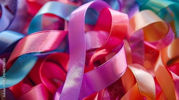 Fototapeta Colorful ribbons of various shades of pink, blue, and orange are intertwined together, forming an abstract pattern.