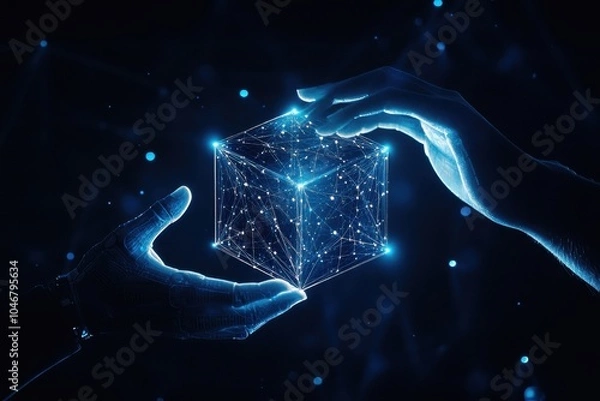 Fototapeta Two glowing hands holding a digital cube with connecting lines against a dark blue background.