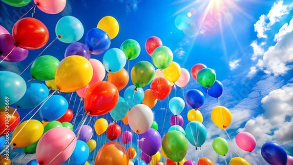 Obraz Colorful Helium Balloons Floating Against a Bright Blue Sky, Soft Natural Light, Cheerful and Festive Atmosphere