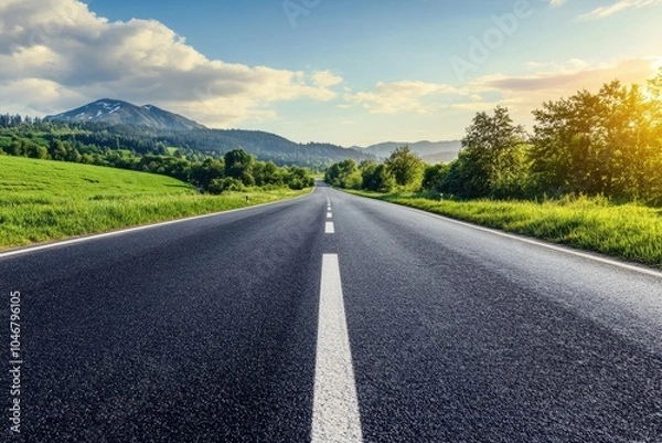 Fototapeta A long, straight asphalt road with a white dividing line in the center, leading through a green valley towards distant mountains and a bright blue sky with puffy clouds.