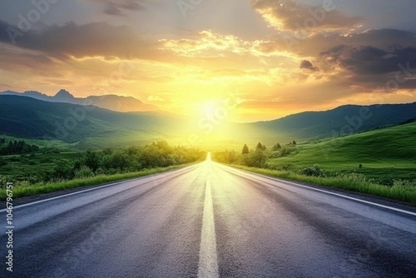 Fototapeta A long, straight asphalt road stretches into the distance with a bright sunset in the background and green hills on either side.