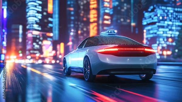Fototapeta Futuristic electric car in neon-lit city at night with motion blur