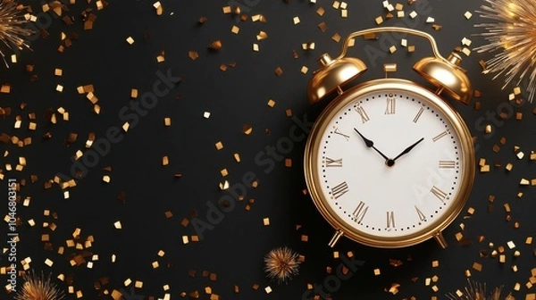 Fototapeta Golden Clock at Midnight with Fireworks Display