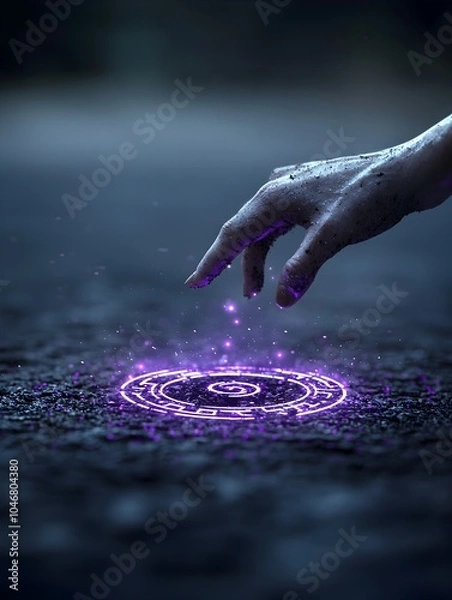 Obraz Witch s Hand Crawling from Enchanted Soil with Swirling Purple Mist and Glowing Runes   Spooky and Mysterious Supernatural Fantasy Scene