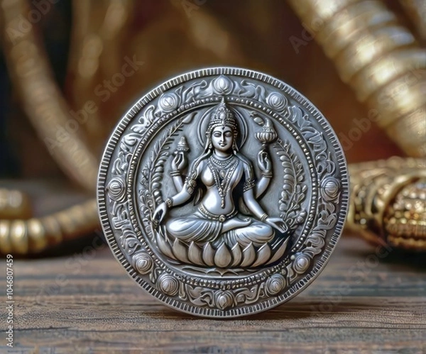 Fototapeta This silver coin showcases the figure of Lakshmi, symbolizing wealth and fortune in Indian culture