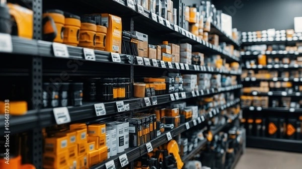 Obraz A well-organized hardware store aisle stocked with various tools, accessories, and hardware supplies in organized shelves. Labels and price tags are visible on the shelves.