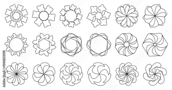 Fototapeta A set of round ornaments in black color. Geometric frames on a white background. Border is made of lines. Circle or logo shapes. Vector design templates for invitations and greeting cards. 