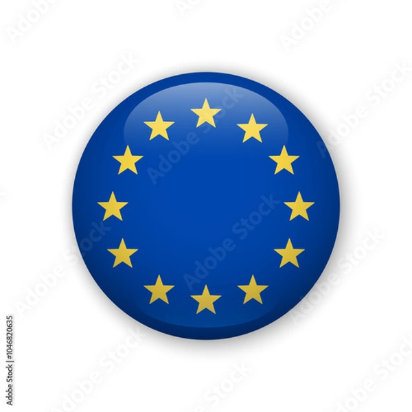 Fototapeta Realistic glossy button with flag of European Union. 3d vector element with shadow. Best for mobile apps, UI and web design.