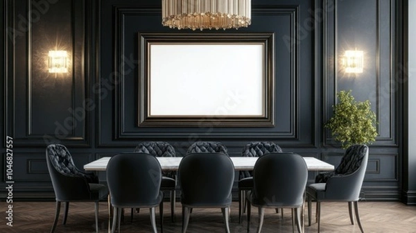 Fototapeta Elegant dining room with a blank frame on the wall