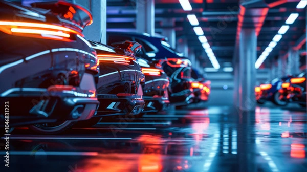 Fototapeta A row of cars parked on the side with their tail lights glowing