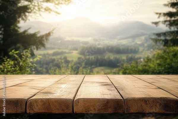 Fototapeta Wooden table top with a blurry background of a mountain landscape and sunset.