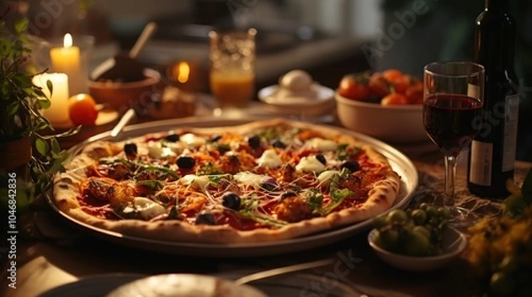 Fototapeta A delicious pizza with mozzarella, olives, and herbs, served with a glass of red wine, surrounded by candles and other food items on a wooden table.