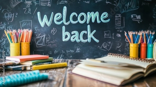 Fototapeta Welcome Back to School Chalkboard with colored pencils, notebooks and a desk