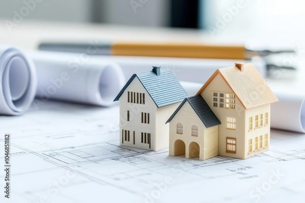 Obraz Model houses on architectural blueprints, concept design.